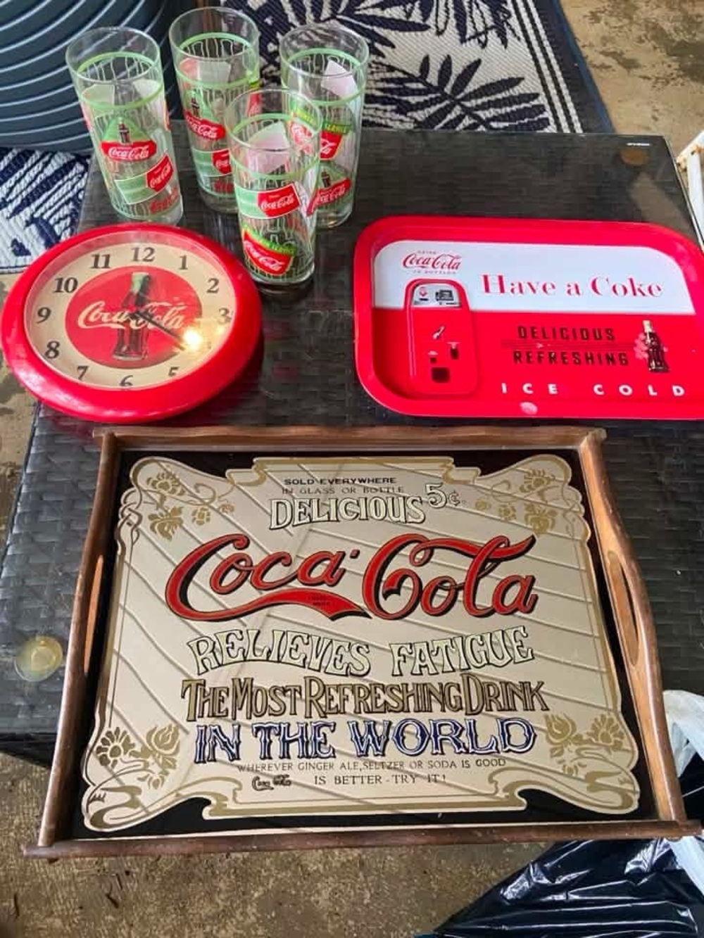 Lot of Coca Cola Coca-Cola Glasses, Clock, and Serving Trays